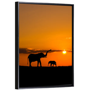 Elephants In Savannah At Sunset Wall Art