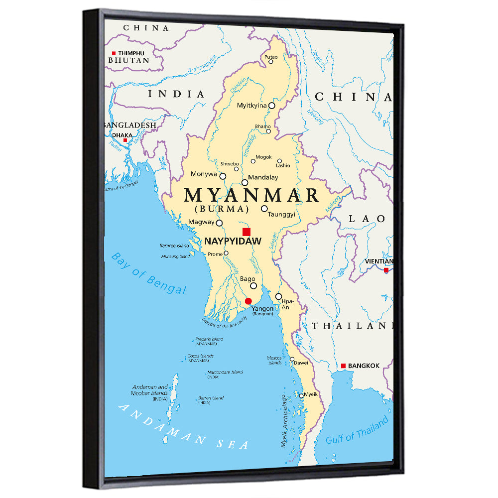 Myanmar Political Map, Blue and Yellow Wall Art