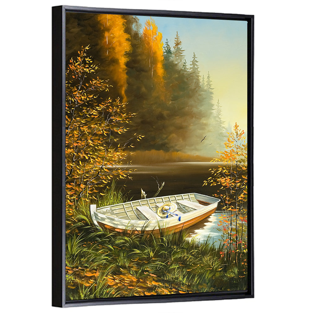 Boat with Straw Hat on Lake Bank Wall Art