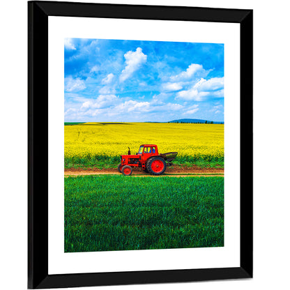 Red Tractor Over Yellow Rapeseed Field Wall Art