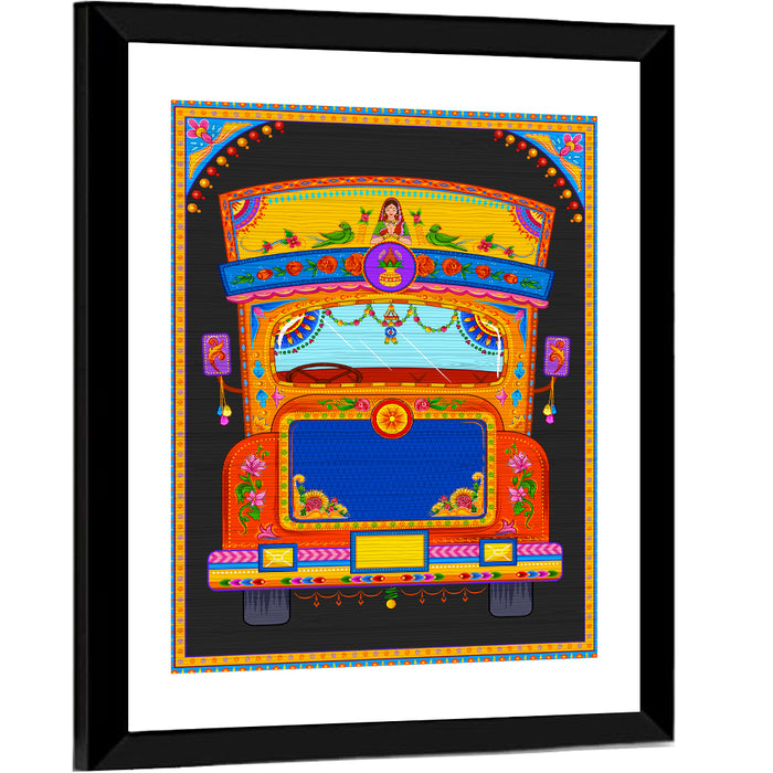 Colorful Indian Truck Illustration Wall Art as a framed print