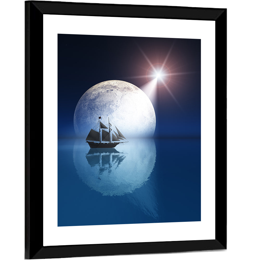 Moonlit Ship with Glowing Star Wall Art