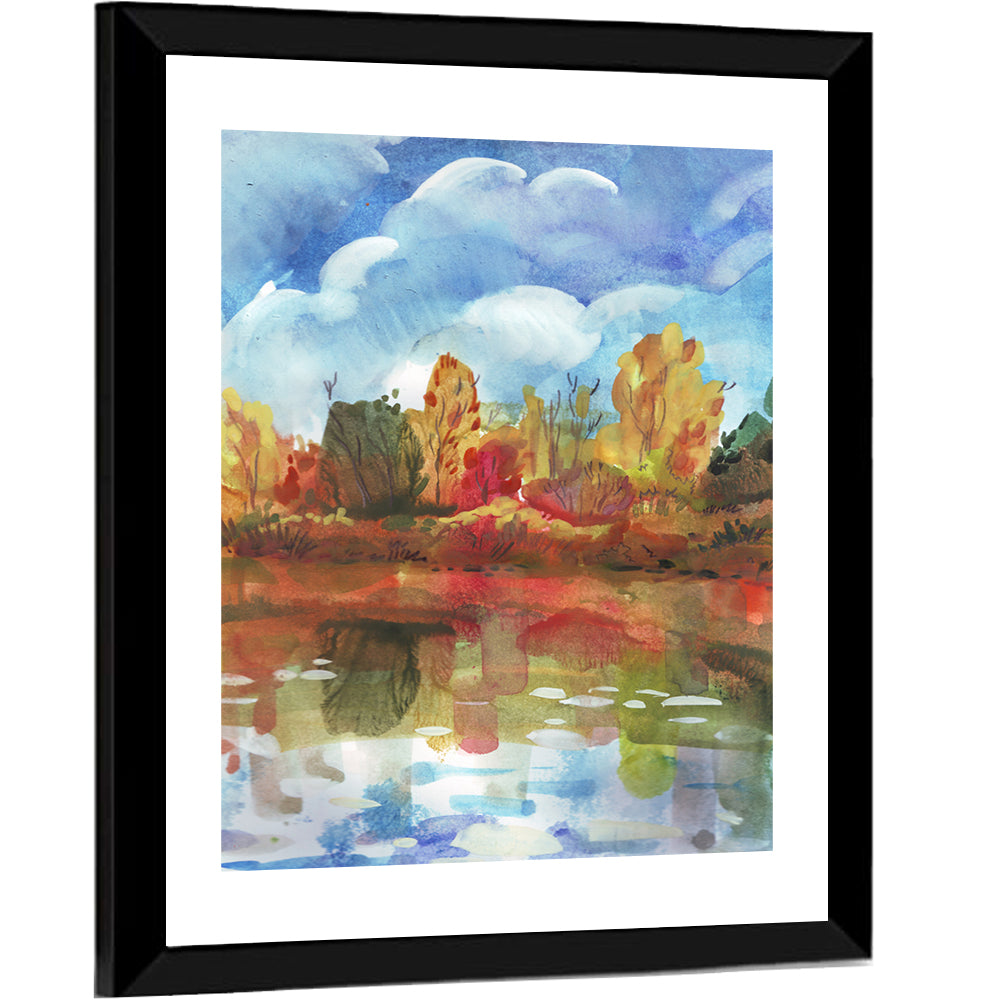 Autumn Lake Reflection Watercolor Wall Art