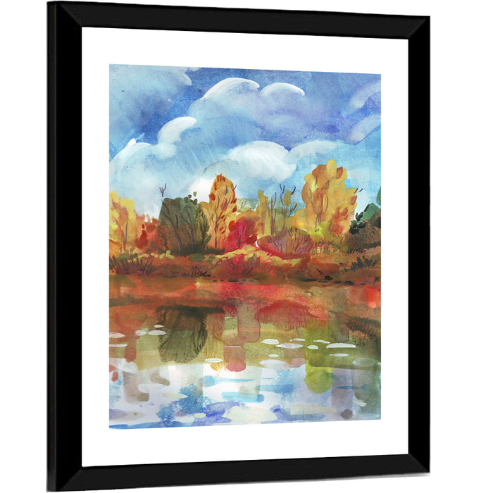 Autumn Lake Reflection Watercolor Wall Art as a framed print