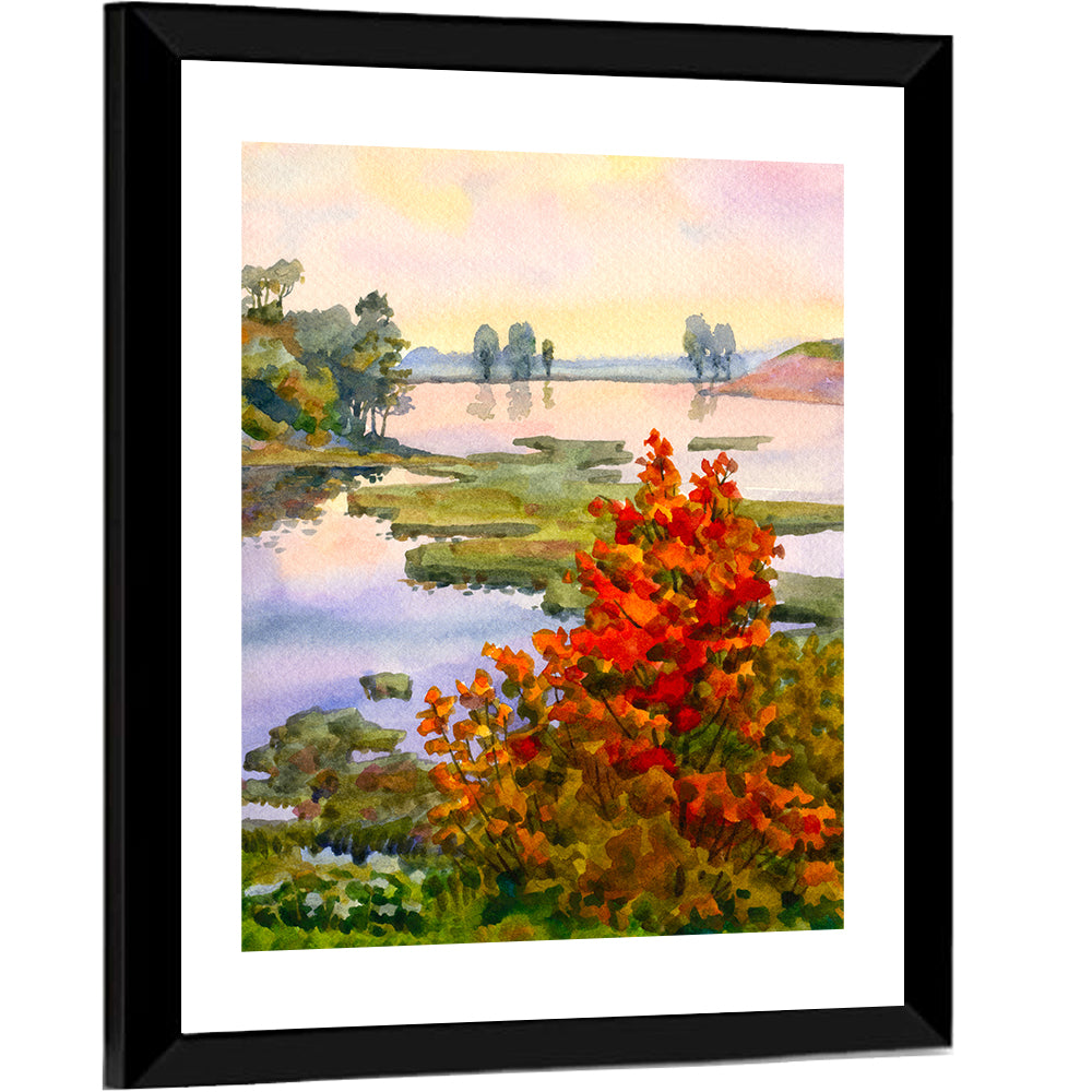 Autumn Lake Watercolor Wall Art