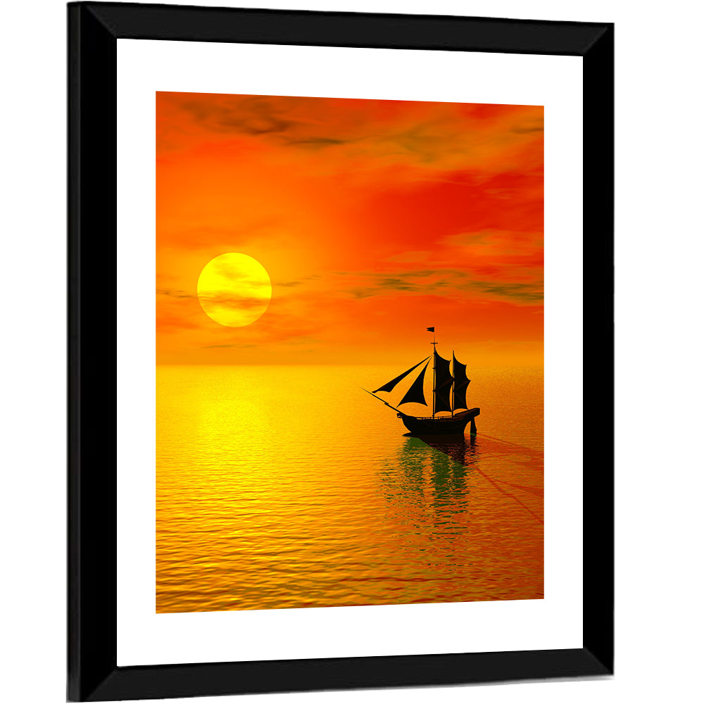 Old Sailboat Silhouette at Sunset Wall Art