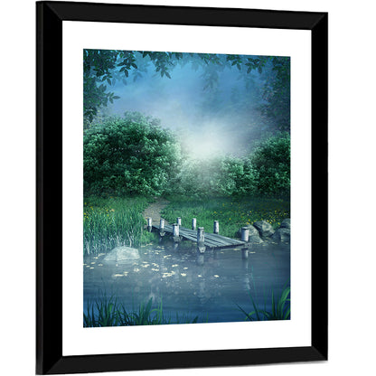 Misty Forest Lake with Wooden Bridge Wall Art
