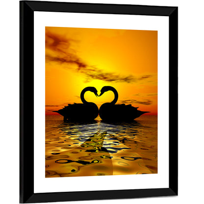 Swans Forming Heart at Sunset Wall Art