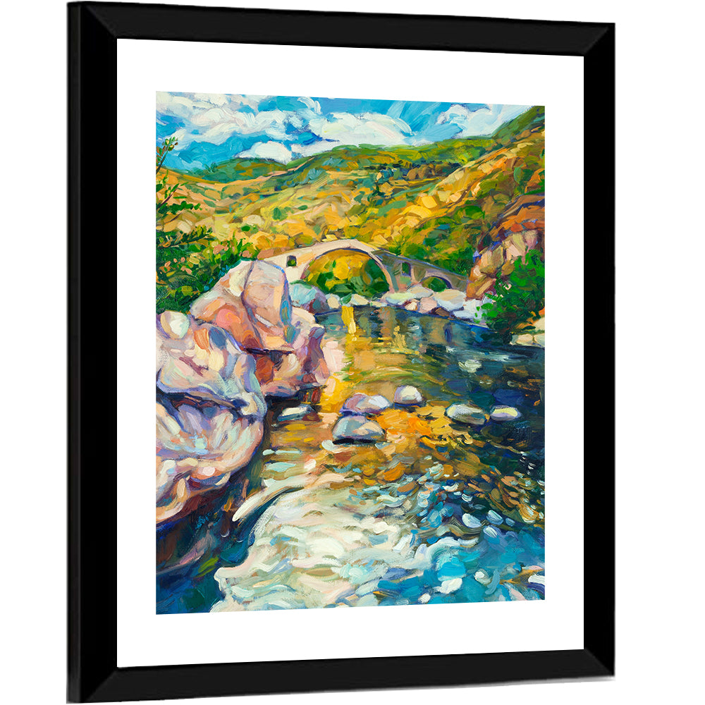 Arched Stone Bridge in Mountain River Wall Art