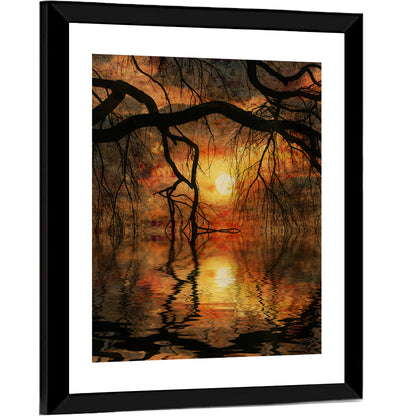 Lake Tree Branches Sunset Wall Art