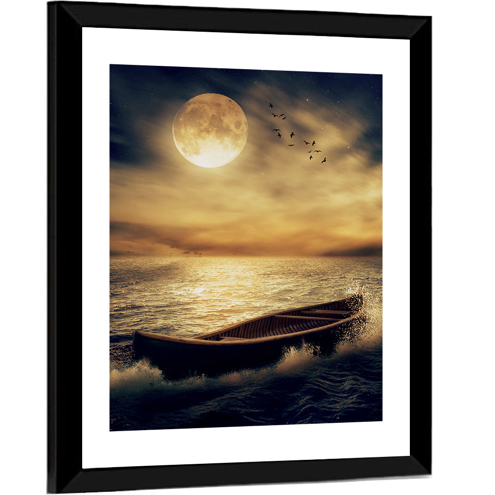 Moonlit Boat in Stormy Ocean Wall Art