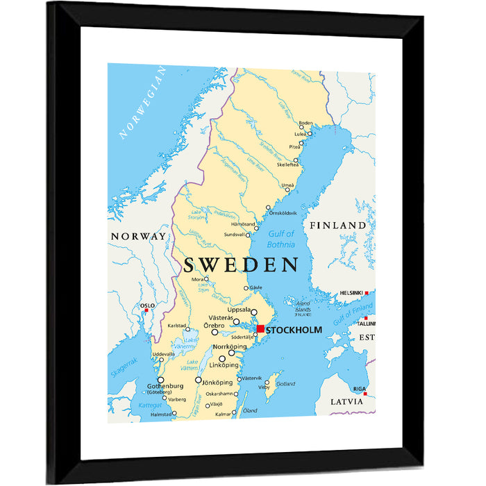 Political Map of Sweden Wall Art as a framed print