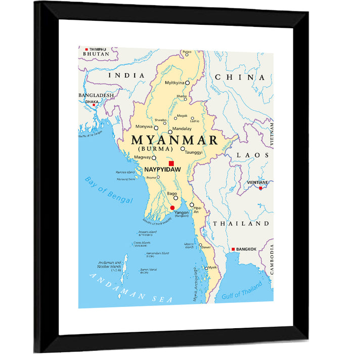 Myanmar Political Map, Blue and Yellow Wall Art as a framed print