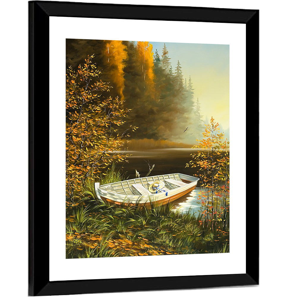 Boat with Straw Hat on Lake Bank Wall Art