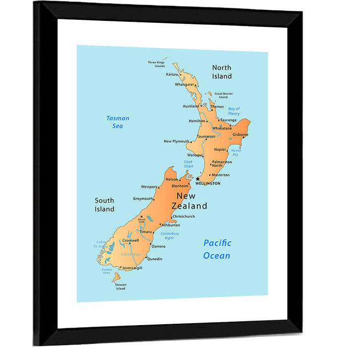 New Zealand Cartographic Map Wall Art as a framed print