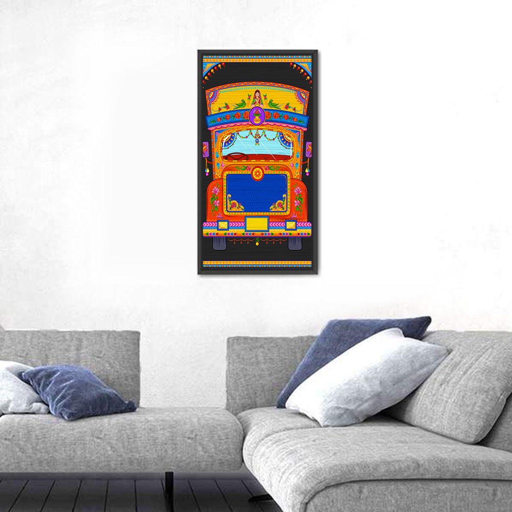 Colorful Indian Truck Illustration Wall Art in a room, portrait