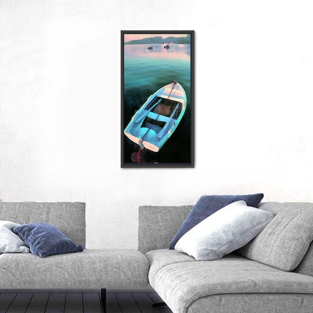 Tethered Rowboat at Dusk Wall Art in a room, portrait