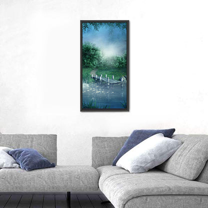 Misty Forest Lake with Wooden Bridge Wall Art