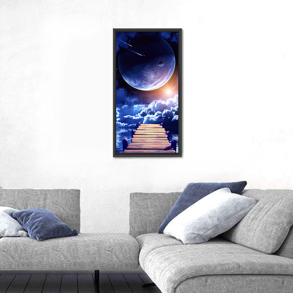 Wooden Pier Under Planetary Nebula Wall Art in a room, portrait