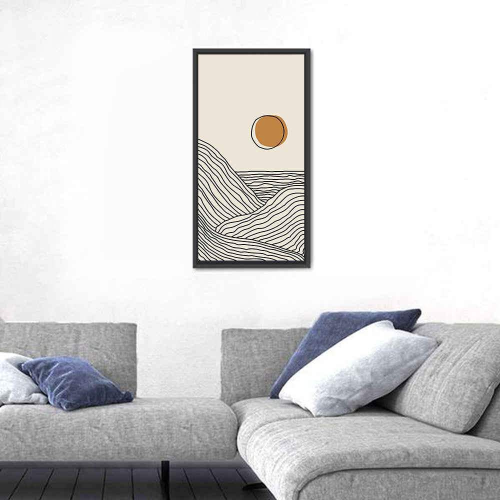 Contour Mountains with Geometric Sun Wall Art in a room, portrait