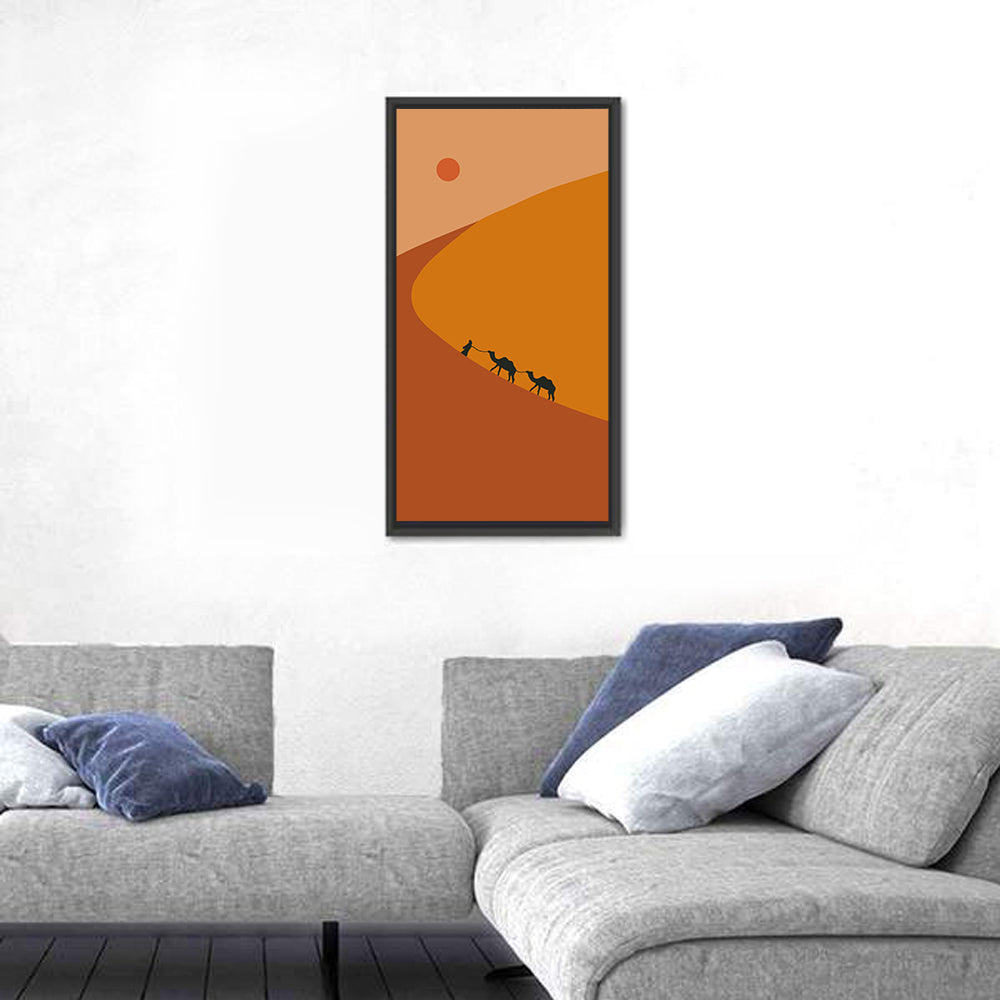 Minimalist Desert Caravan Wall Art in a room, portrait