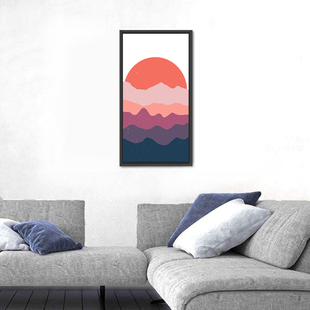 Minimalist Mountain Sunset Wall Art in a room, portrait