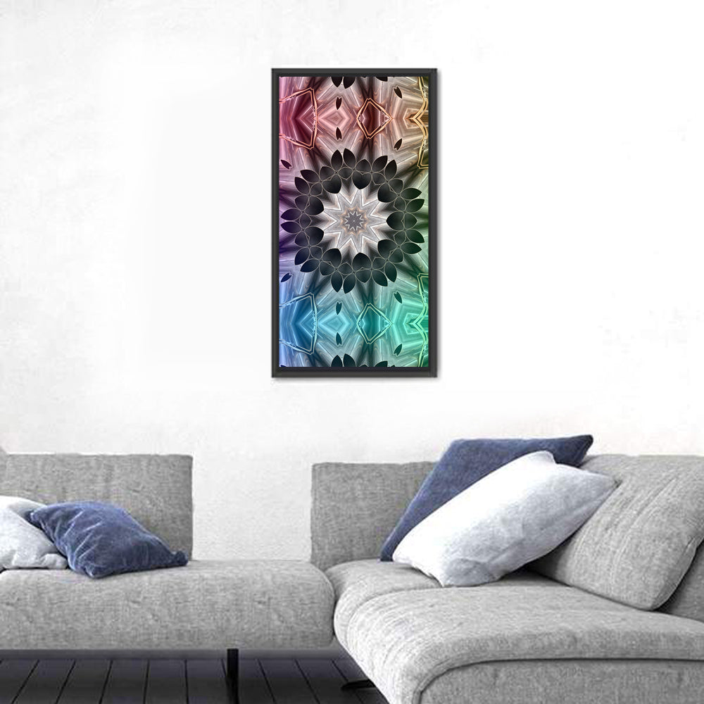Kaleidoscope Leaf Mandala Wall Art in a room, portrait