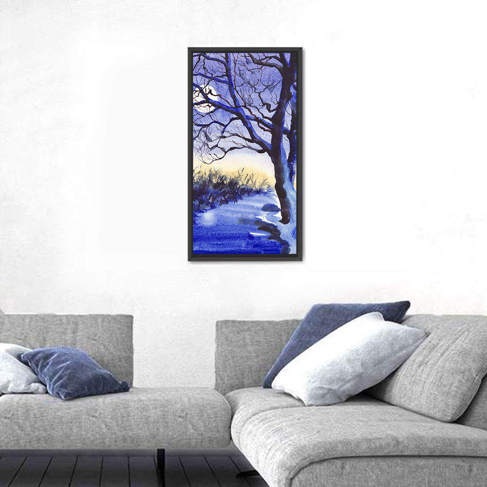 Winter Moonlit Field Wall Art in a room, portrait