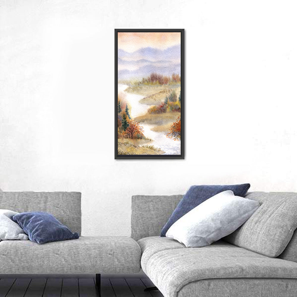 Autumn River Landscape Wall Art in a room, portrait