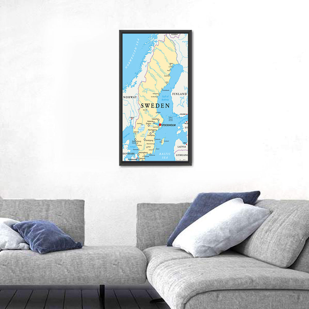 Political Map of Sweden Wall Art in a room, portrait
