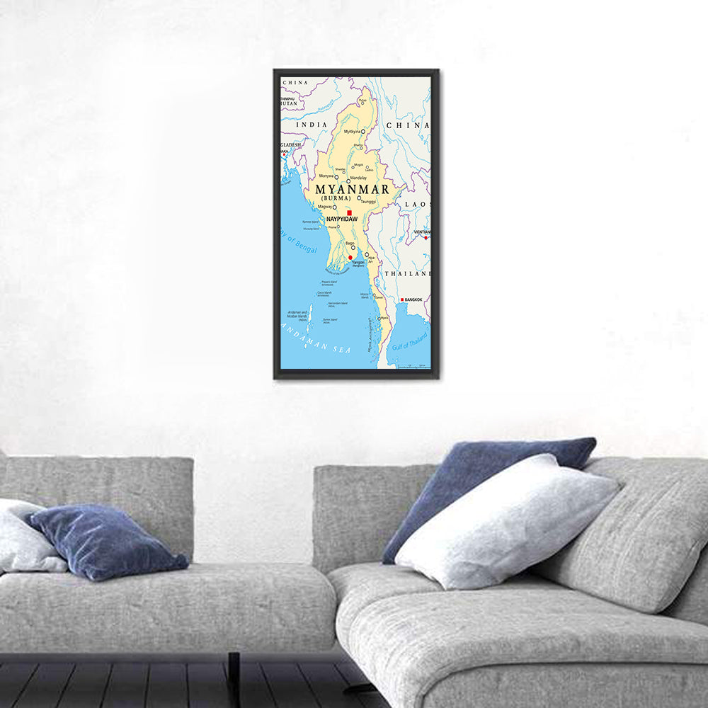 Myanmar Political Map, Blue and Yellow Wall Art in a room, portrait
