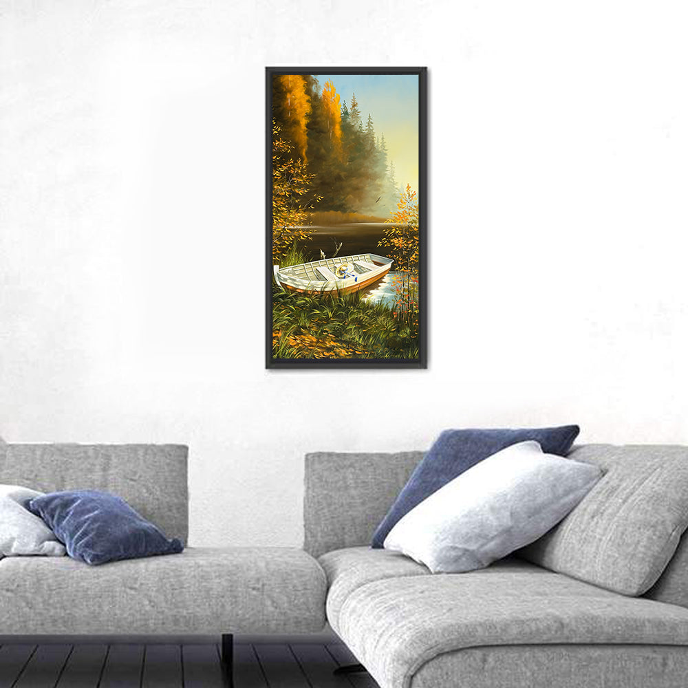 Boat with Straw Hat on Lake Bank Wall Art