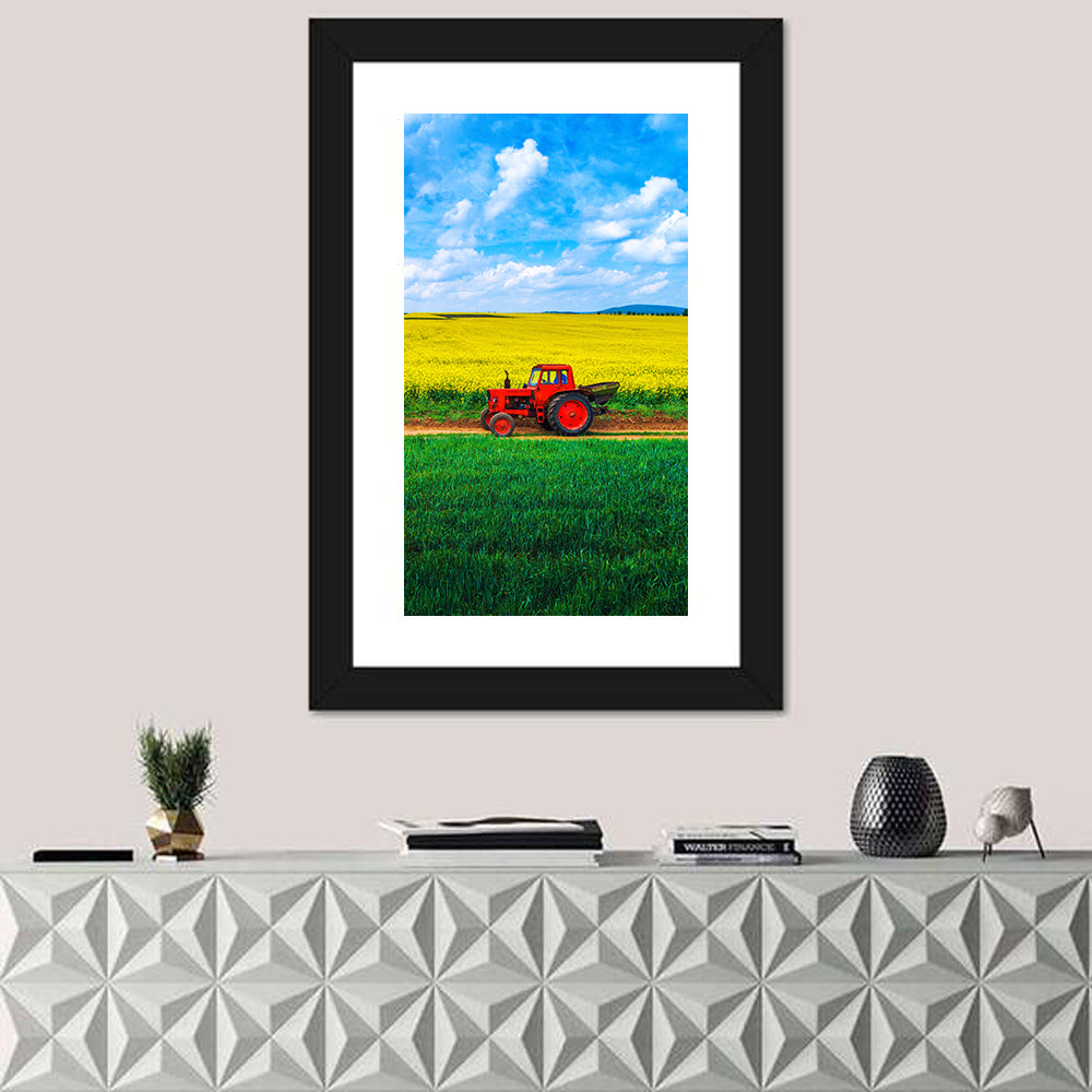 Red Tractor Over Yellow Rapeseed Field Wall Art