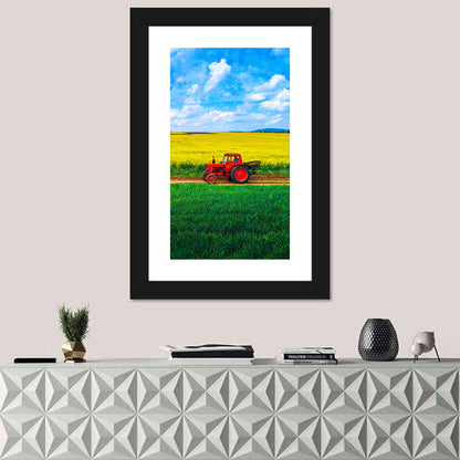 Red Tractor Over Yellow Rapeseed Field Wall Art