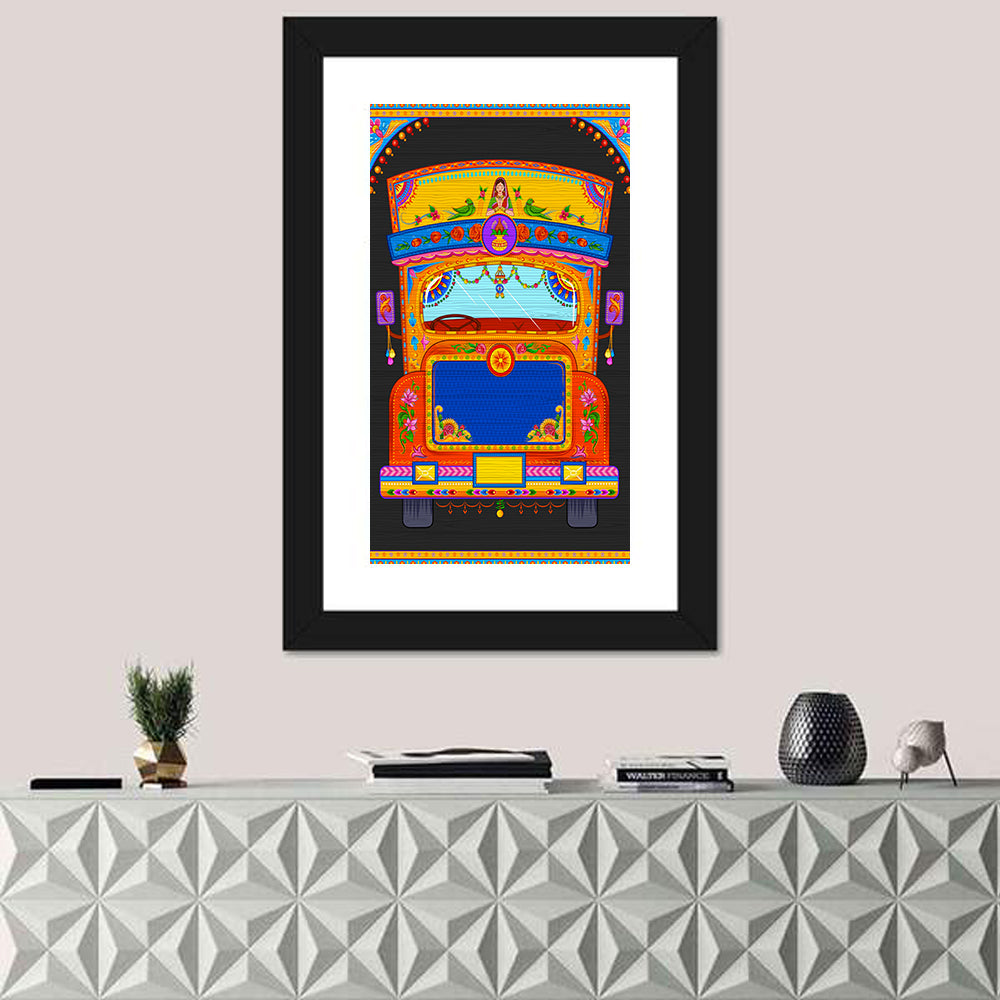 Colorful Indian Truck Illustration Wall Art in a room, portrait