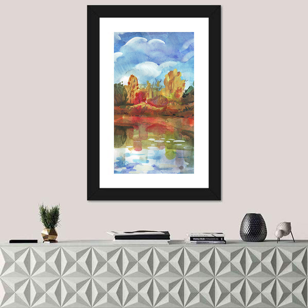 Autumn Lake Reflection Watercolor Wall Art in a room, portrait
