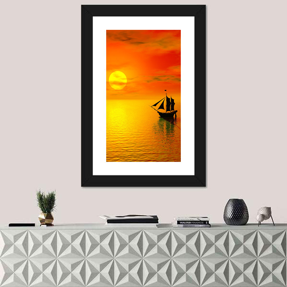 Old Sailboat Silhouette at Sunset Wall Art