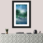 Misty Forest Lake with Wooden Bridge Wall Art