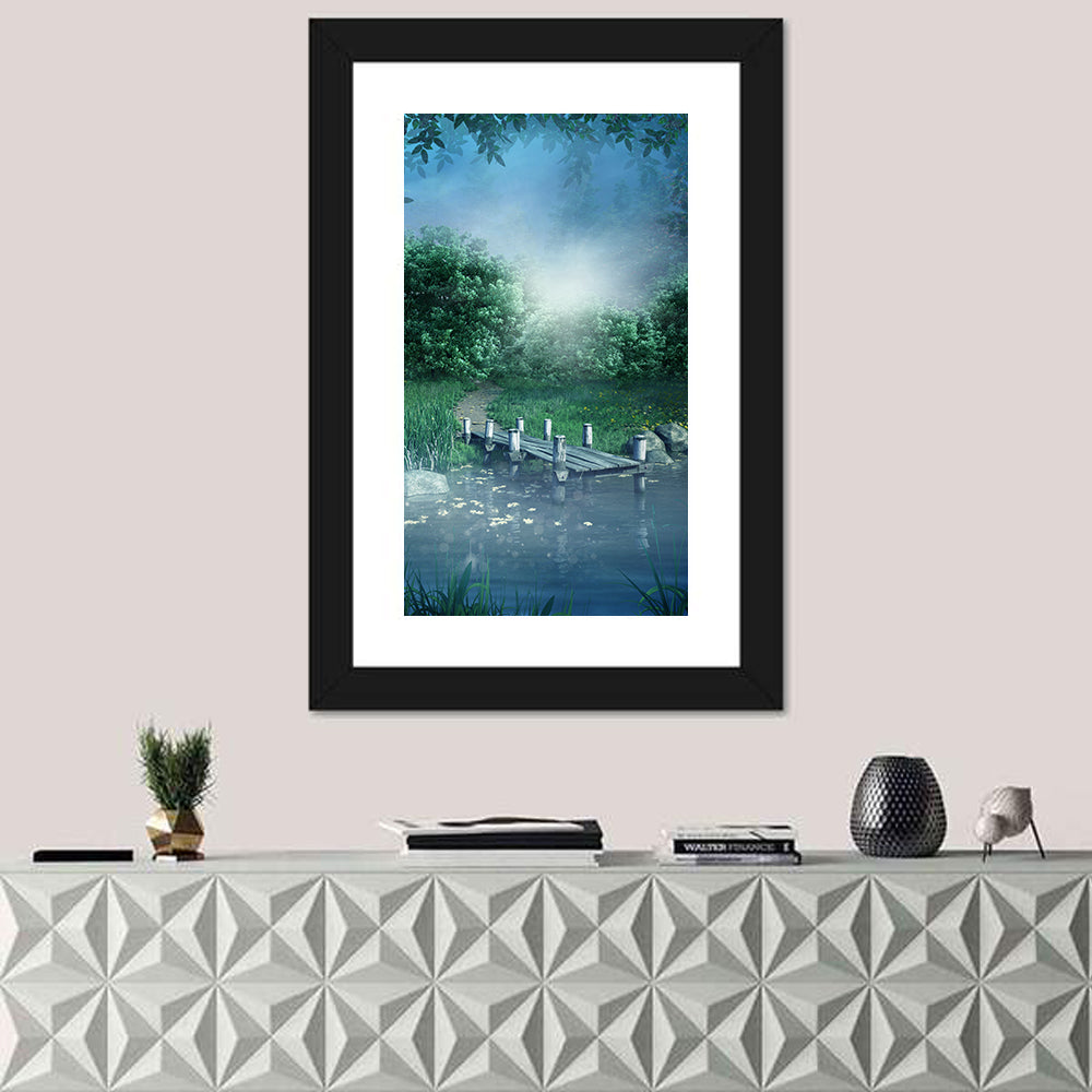 Misty Forest Lake with Wooden Bridge Wall Art