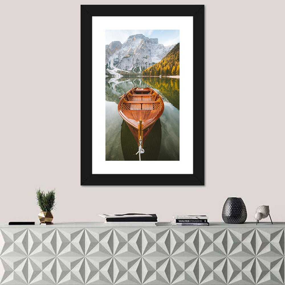 Rowboat at Lago Di Braies Wall Art in a room, portrait