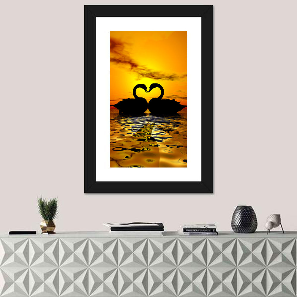 Swans Forming Heart at Sunset Wall Art