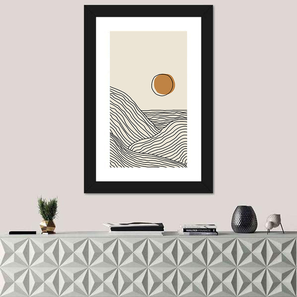 Contour Mountains with Geometric Sun Wall Art in a room, portrait