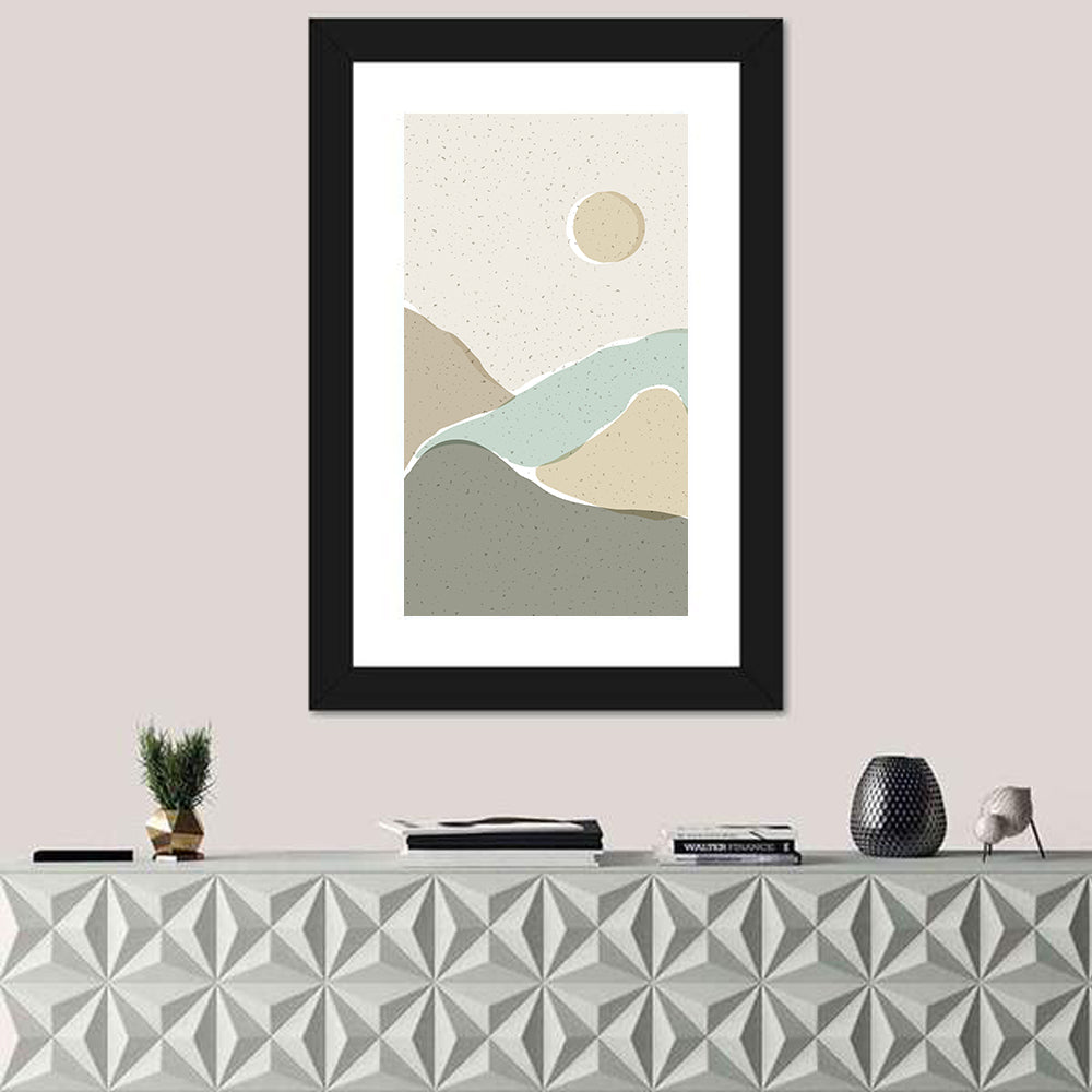 Layered Mountains and Sun Wall Art in a room, portrait