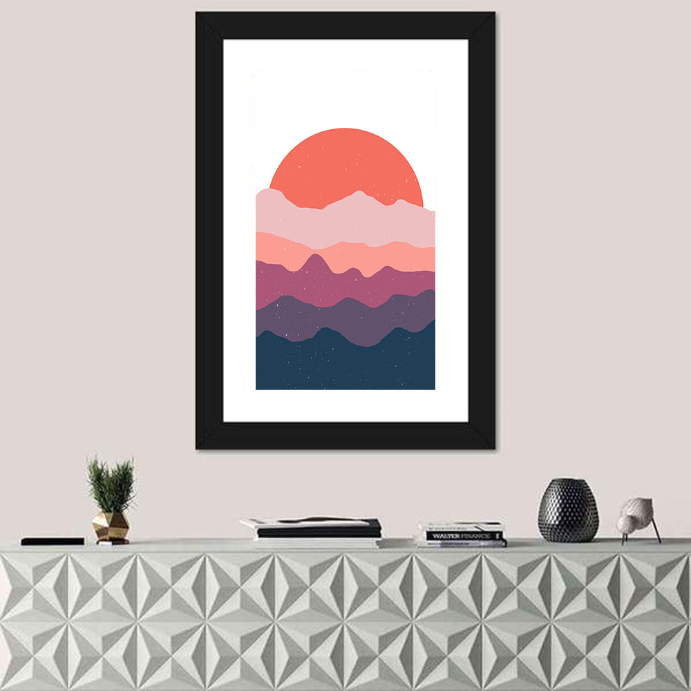 Minimalist Mountain Sunset Wall Art in a room, portrait