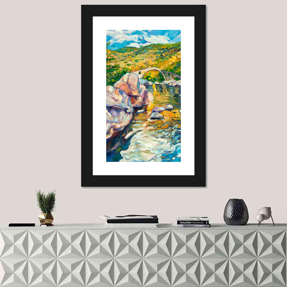 Arched Stone Bridge in Mountain River Wall Art