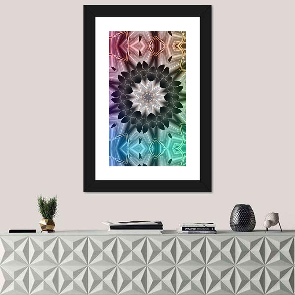 Kaleidoscope Leaf Mandala Wall Art in a room, portrait