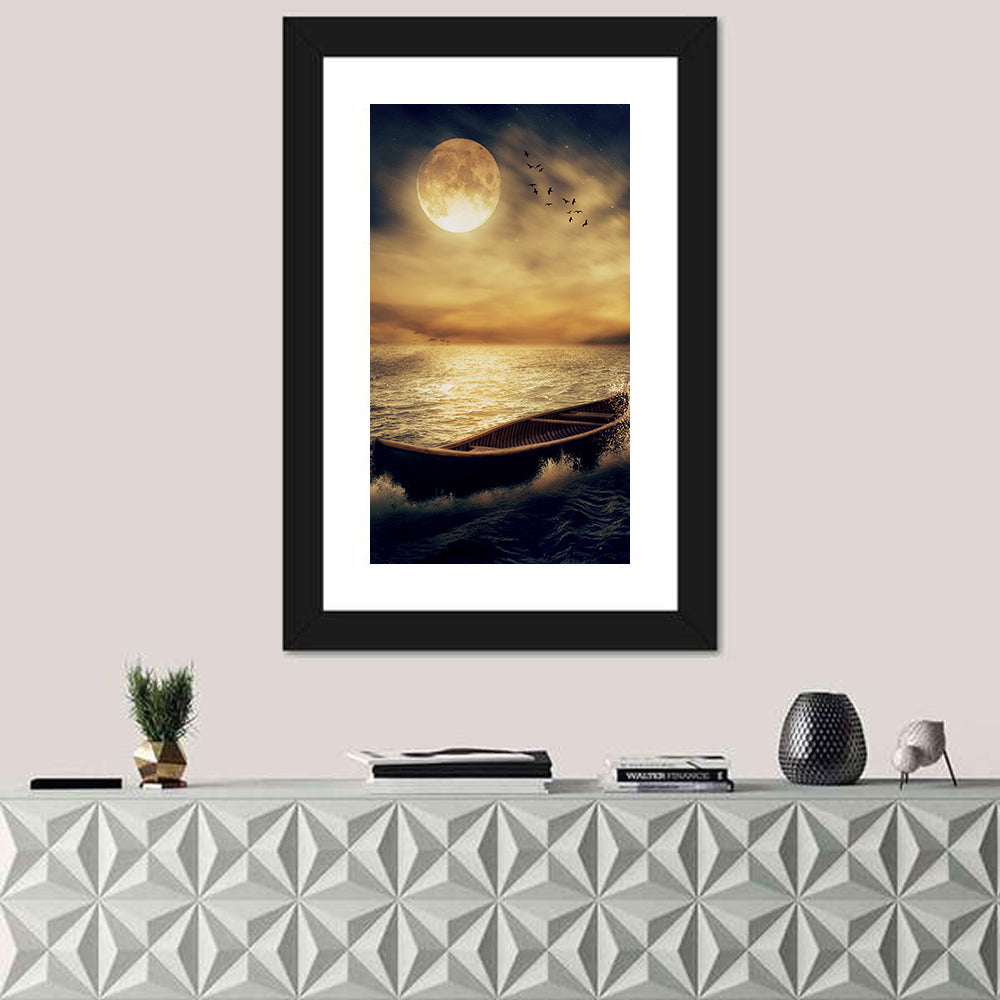 Moonlit Boat in Stormy Ocean Wall Art