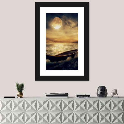Moonlit Boat in Stormy Ocean Wall Art