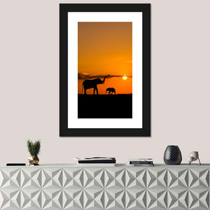 Elephants In Savannah At Sunset Wall Art