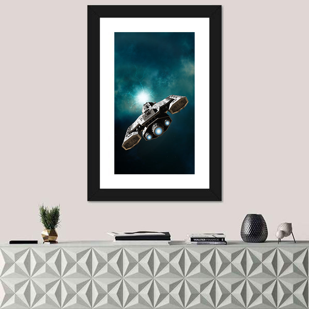 Low Angle Starship with Blue Thrusters Wall Art